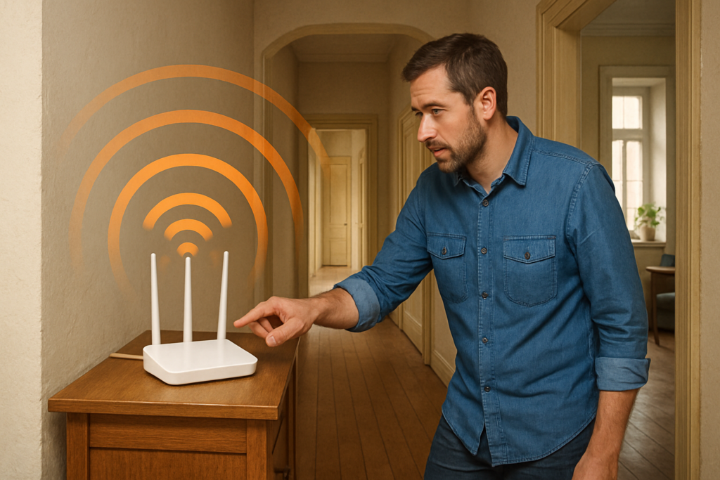 WLAN-Reichweite verbessern in Altbauwohnungen: dicke Wände, lange Flure, Funklöcher – passende Illustration