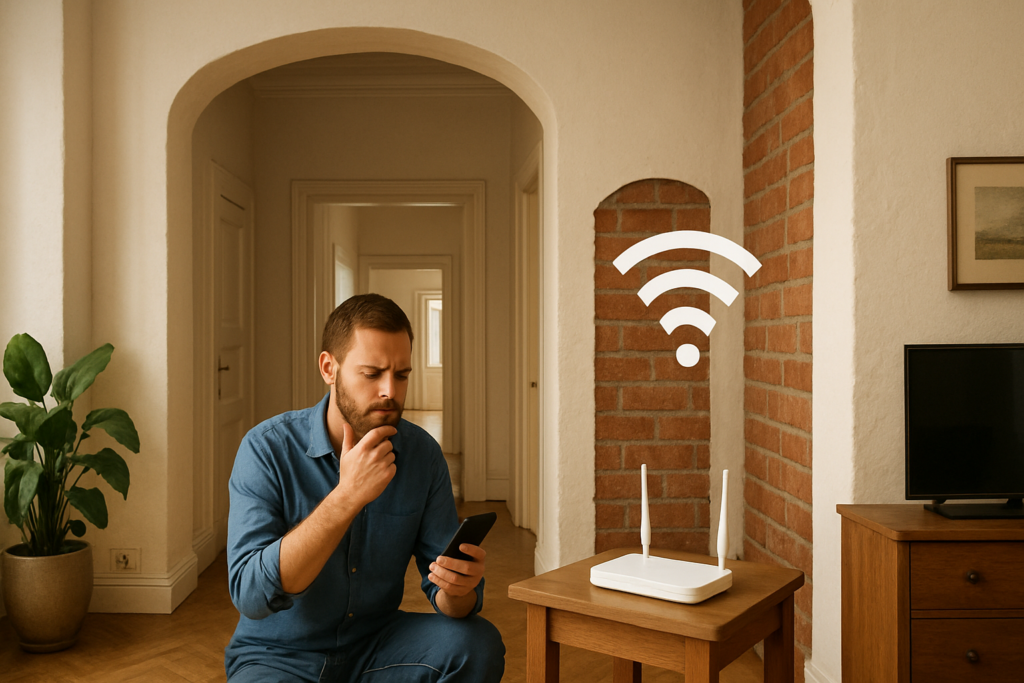 WLAN-Reichweite verbessern in Altbauwohnungen: dicke Wände, lange Flure, Funklöcher – passende Illustration